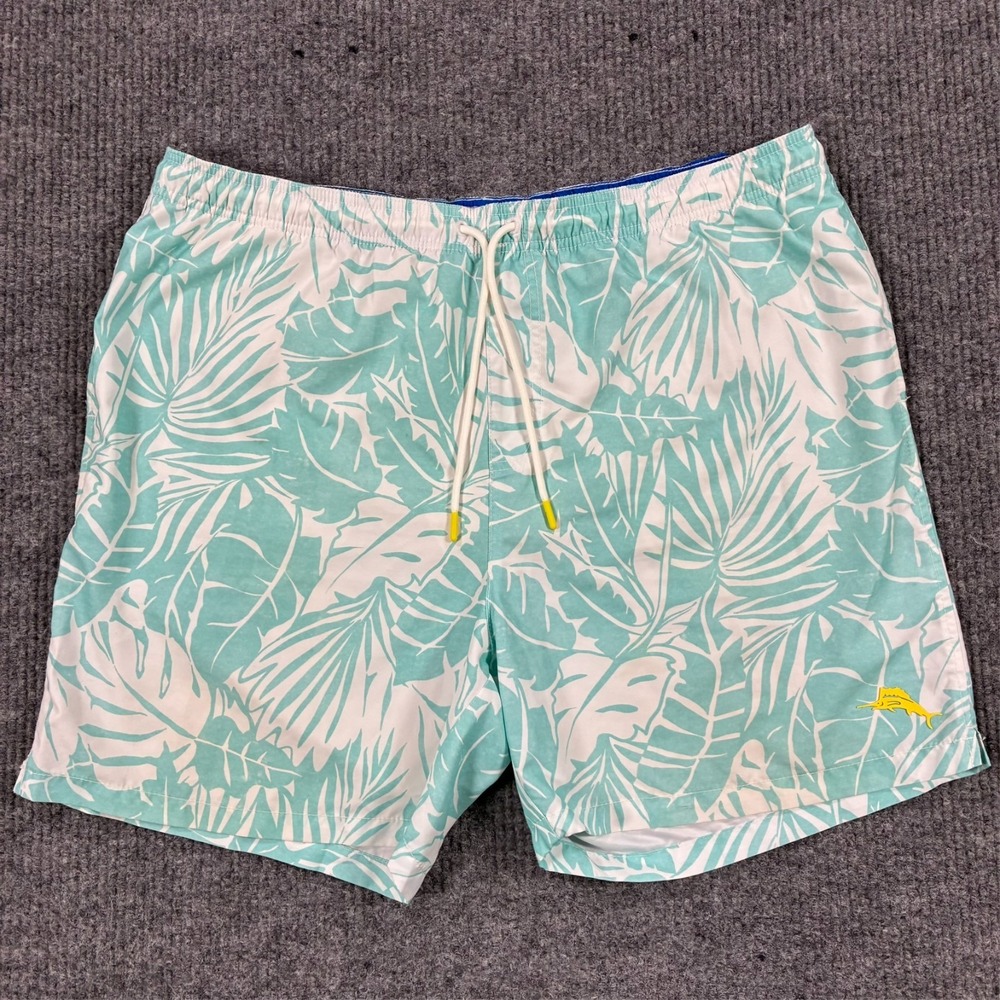 Tommy Bahama Mens Swim Trunks 2XL Aqua Tropical Palm Print Board Shorts Lined